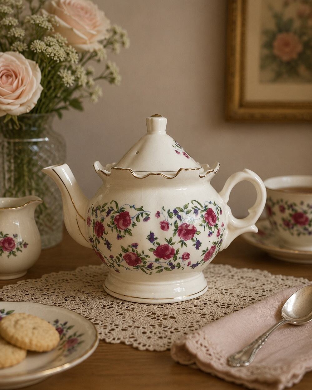 Vintage Porcelain Teapot Japan Pink Roses Gold Trim Scalloped Rim Cottagecore